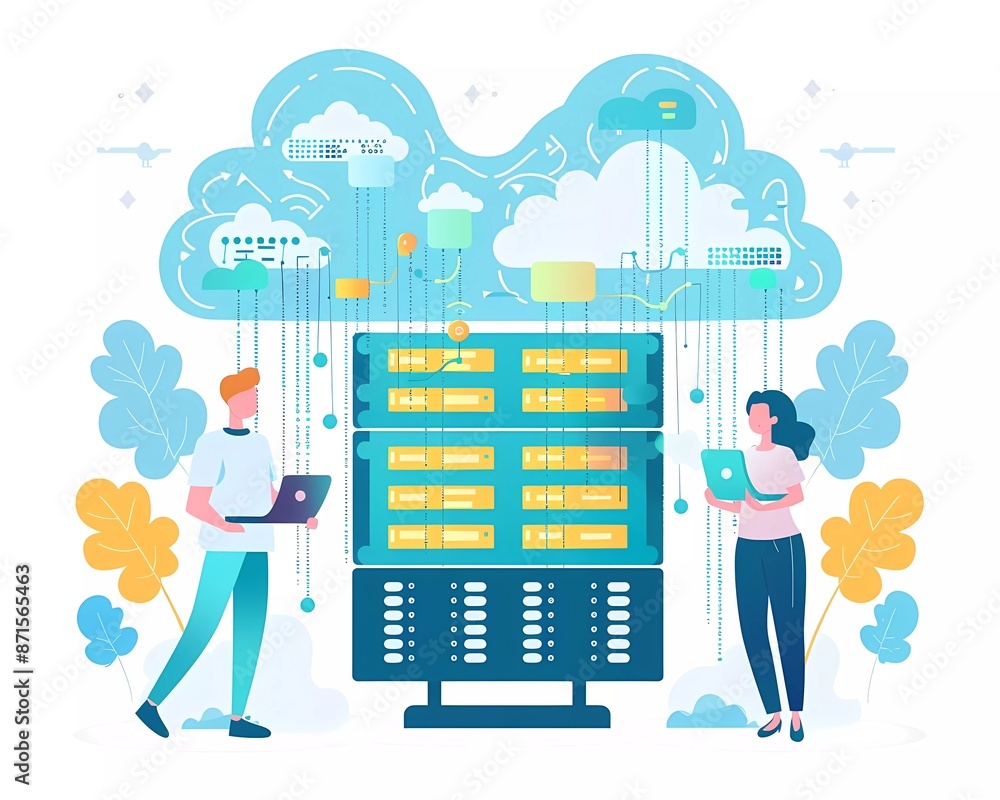 Poster flat vector illustration of two people working in front of cloud server with data center, depicting 