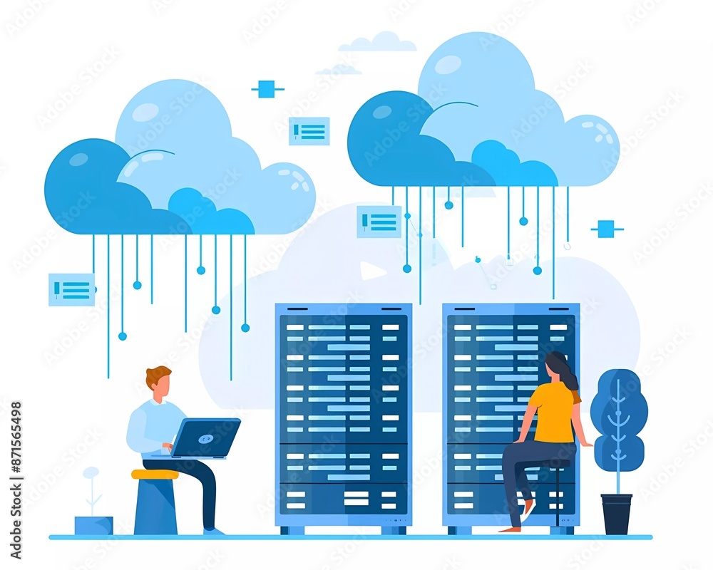 Poster flat vector illustration of two people working in front of cloud server with data center, depicting 