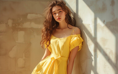 Chic fashion model with long, wavy brunette hair, leaning against a concrete wall in a stylish yellow dress outfit