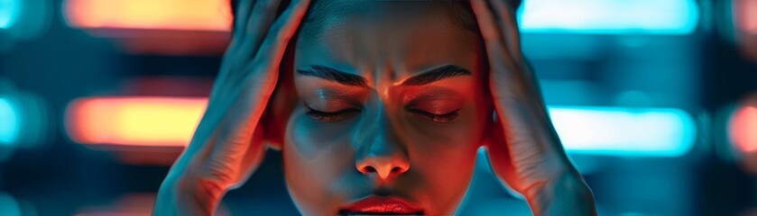 Woman with closed eyes holding her head in pain, colorful background.