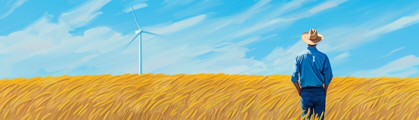 A farmer standing in front of a wind turbine, watercolor, vibrant and hopeful, detailed