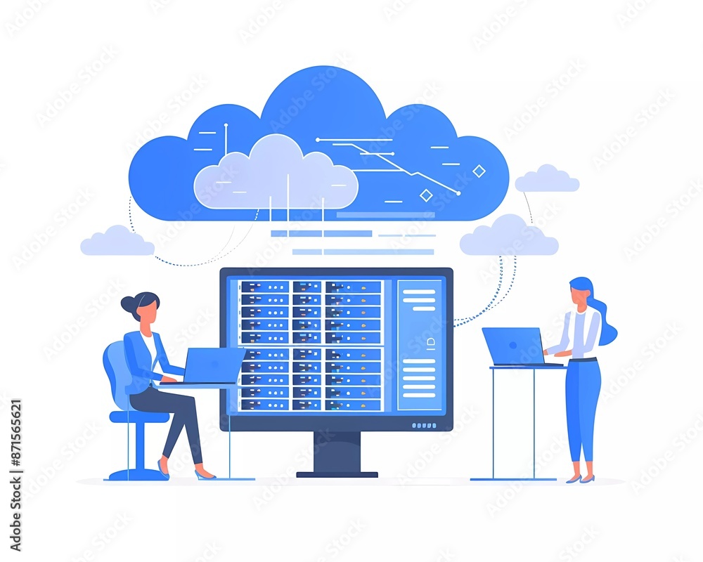 Poster flat vector illustration of two people working in front of cloud server with data center, depicting 