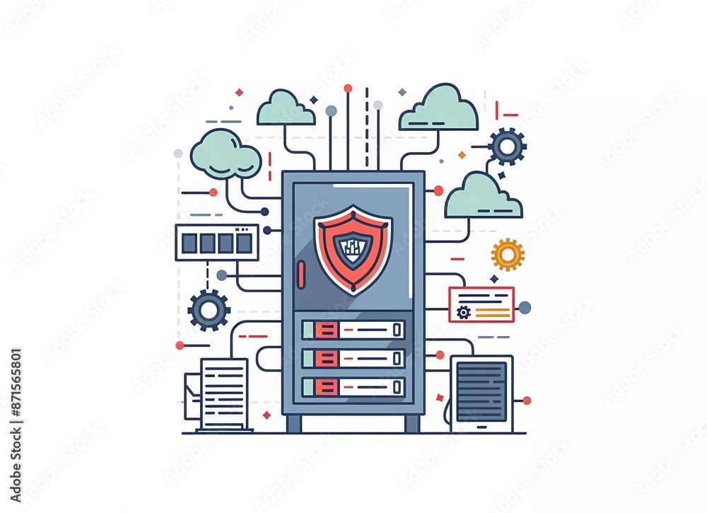 Poster flat vector illustration of a server rack, shield and gear with a laptop in a white background for w