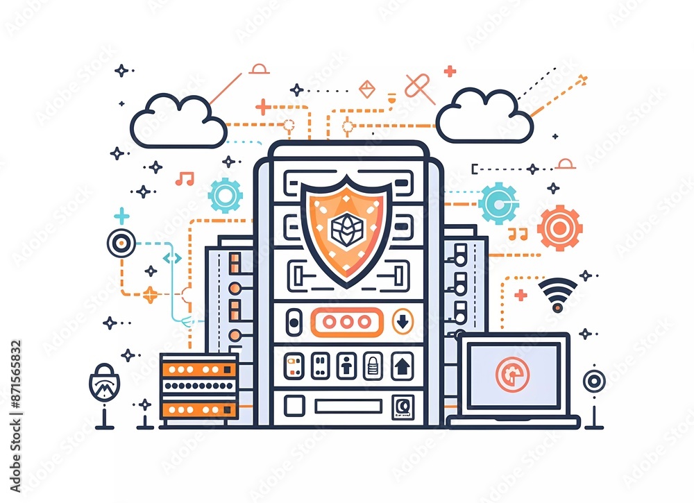 Poster flat vector illustration of a server rack, shield and gear with a laptop in a white background for w