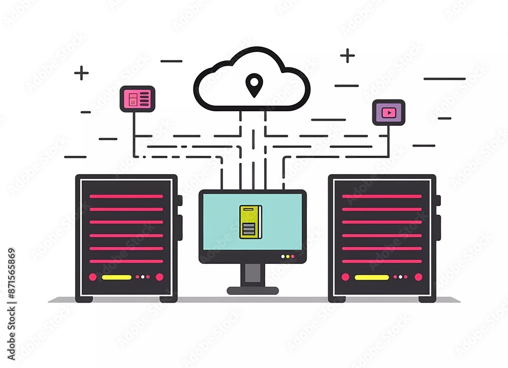 Poster simple flat color vector art of cloud security with monitor and web server, in the style of white ba