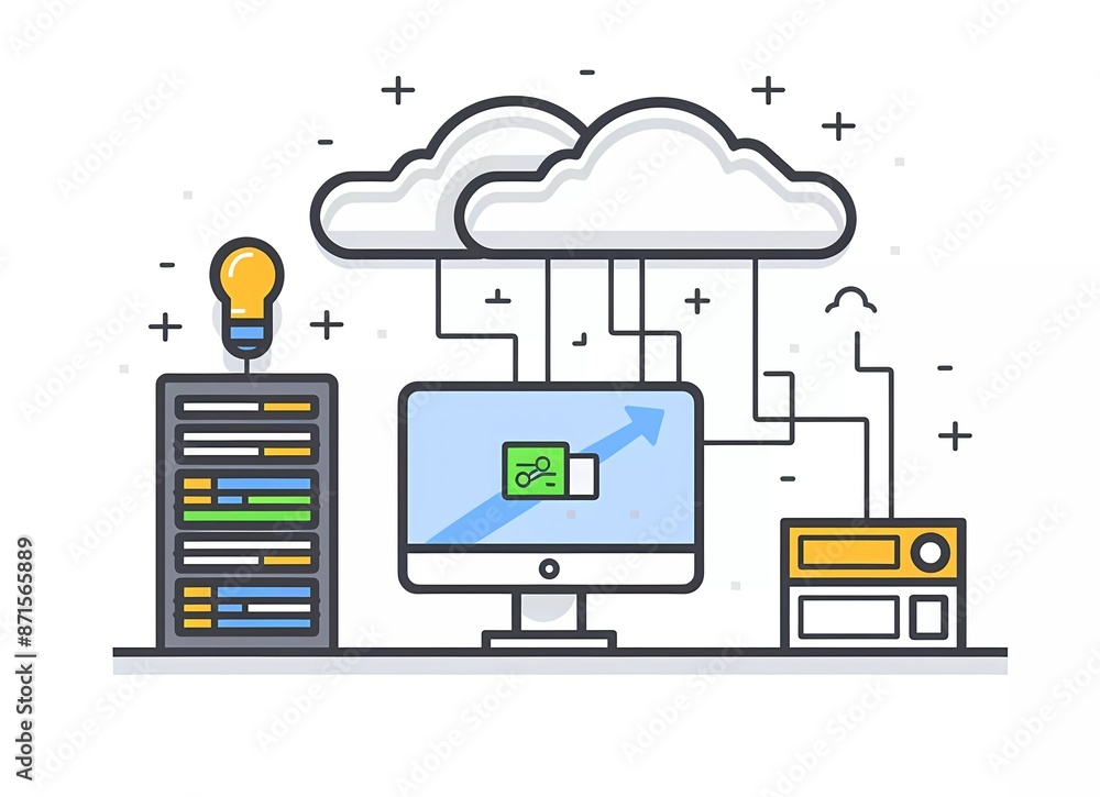 Poster simple flat color vector art of cloud security with monitor and web server, in the style of white ba