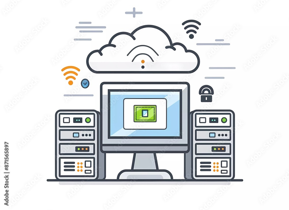 Poster simple flat color vector art of cloud security with monitor and web server, in the style of white ba