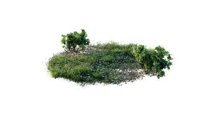 Round surface of Small Plant forest patch covered with flowers, green or dry grass and stone isolated on transparent background. Realistic natural element for design. Bright 3d