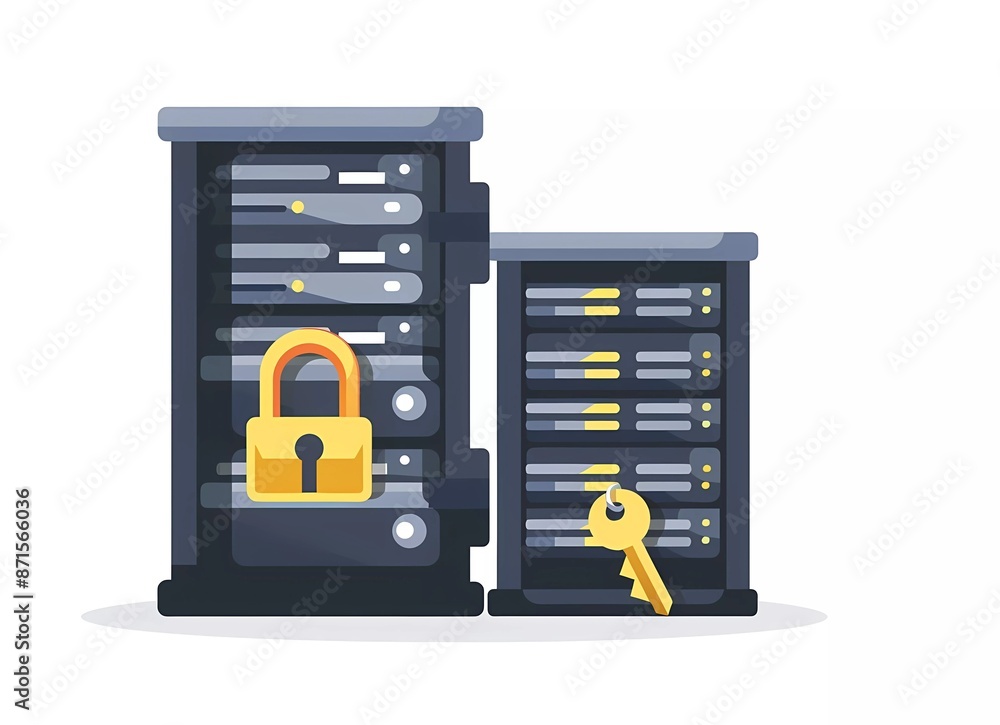 Poster vector flat illustration of security and data protection with padlock, key and server rack on white 