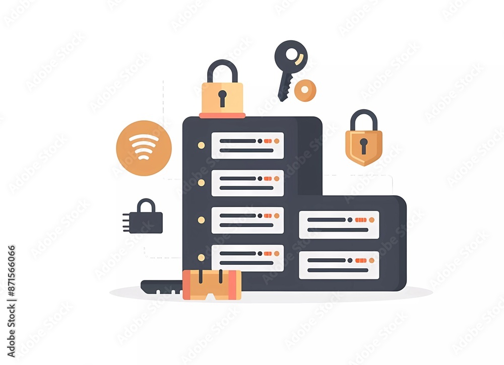 Poster vector flat illustration of security and data protection with padlock, key and server rack on white 