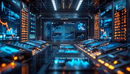 Fototapeta premium Hologram trading dashboard, floating financial data, ultra-modern office, blue neon lights