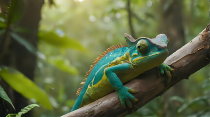 a chamelon sitting on a branch in the forest