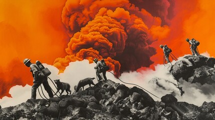 A group of people rescuing animals from a wildfire, watercolor, warm and intense, realistic