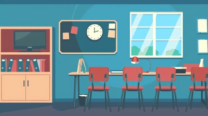 A colorful illustration of a modern classroom setting with desks, chairs, a window, and educational equipment on the walls