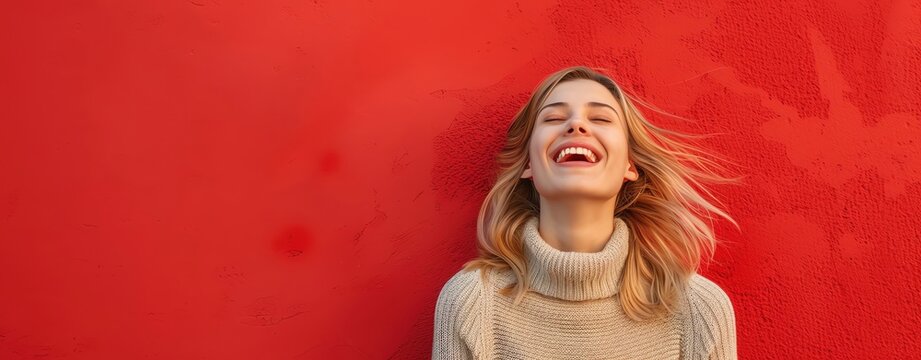 A woman feeling ecstatic against a bright red background, ample copy space