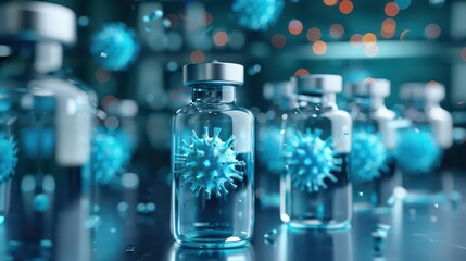 A conceptual disease control center where virologists analyze viruses trapped in antique vials