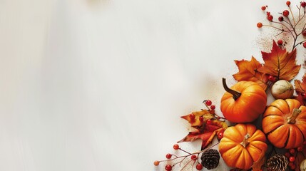 Thanksgiving background: Apples, pumpkins and fallen leaves. Copy space for text. Halloween, Thanksgiving day or seasonal background. Design mock up.