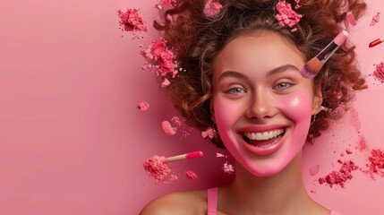 Fototapeta premium Smiling woman with cosmetics consisting of lipstick, pressed powder, eye shadow, mascara, blush brush flying . There are happy colors in bright pastel tones.