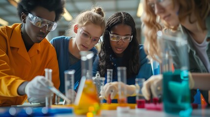 High school students collaborate on a science project, using lab equipment and charts to present findings.