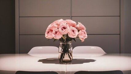 Pink roses in glass jar on white modern table on background white wall