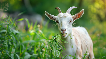 Fototapeta premium An adult goat grazes in a lush field where the grass is extremely thick and juicy. Surrounded by greenery, the animal looks completely relaxed and happy in its natural environment.