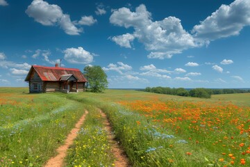 Obraz premium Rustic countryside house with red roof, surrounded by a vibrant flower field under a blue sky with fluffy clouds.