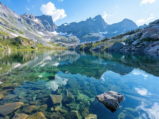 Scenic mountain lake with crystal-clear water, rocky shoreline, and snow-capped peaks reflecting in the water under a blue sky with white clouds.