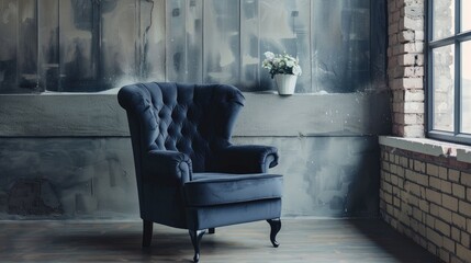 Elegant vintage armchair in dark grey against a light filled window in a loft interior Mockup photo with copy space