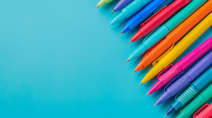 Fototapeta premium Multi-colored markers placed on a school background attract attention with their intense colors. There is an empty space left in the composition, which is perfect for placing additional text.