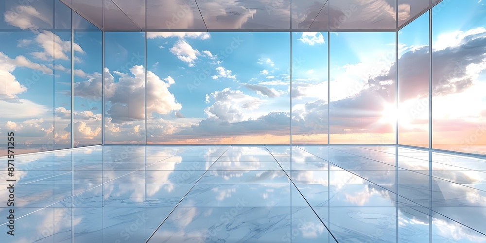 Poster mirrored surface reflecting tranquil sky for luxurious product presentation concept with copy space