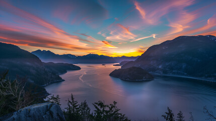 As the sun sets, the sky and mountains are immersed in a palette of warm colors. A stunning sight where orange, red and purple shades blend harmoniously with the darkening mountain peaks.