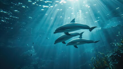 Obraz premium A hightech aquarium operated by dolphin caretakers with seaweed heads who communicate with marine life through spectral waves