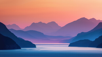 As the sun sets, the sky and mountains are immersed in a palette of warm colors. A stunning sight where orange, red and purple shades blend harmoniously with the darkening mountain peaks.