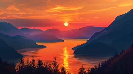 As the sun sets, the sky and mountains are immersed in a palette of warm colors. A stunning sight where orange, red and purple shades blend harmoniously with the darkening mountain peaks.