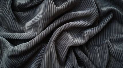The texture of a gray corduroy fabric, which is characterized by small, evenly spaced rises and depressions.
