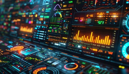 Fototapeta premium Digital finance overview, transparent holographic screens, modern technology, neon-lit data, stock analysis