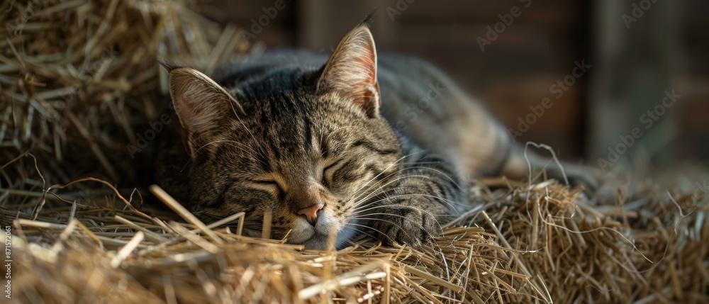 Poster A tabby cat sleeping in a barn. AI.