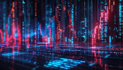 Virtual stock market overview, glowing holograms, advanced data visualization, sleek corporate background