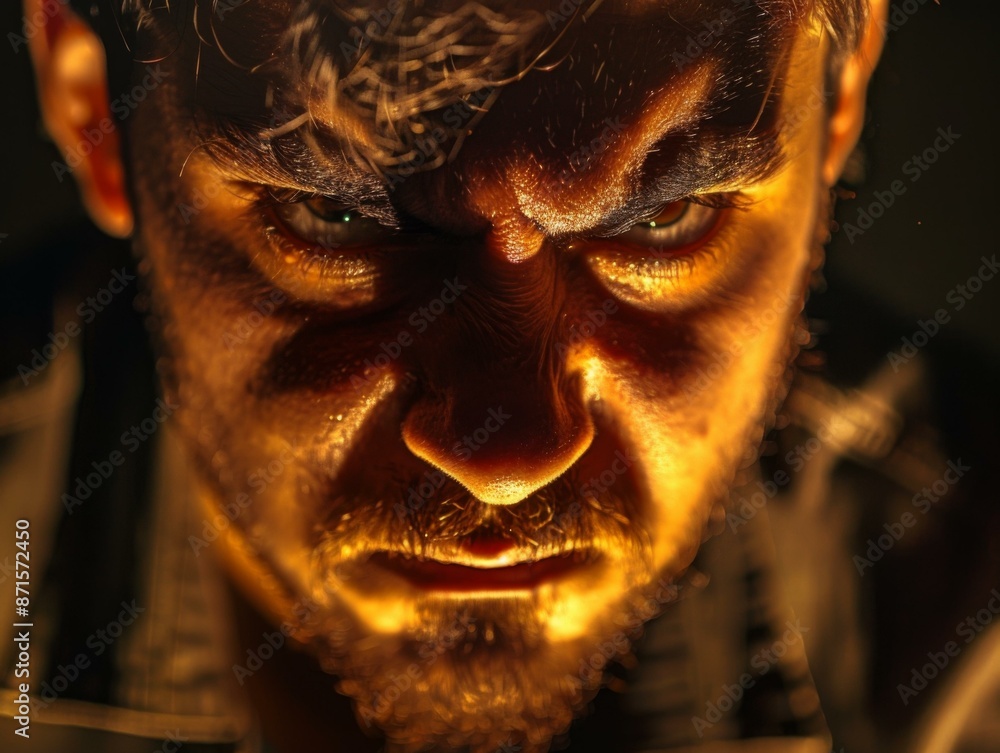 Poster close-up of a man's face with a menacing expression. ai.