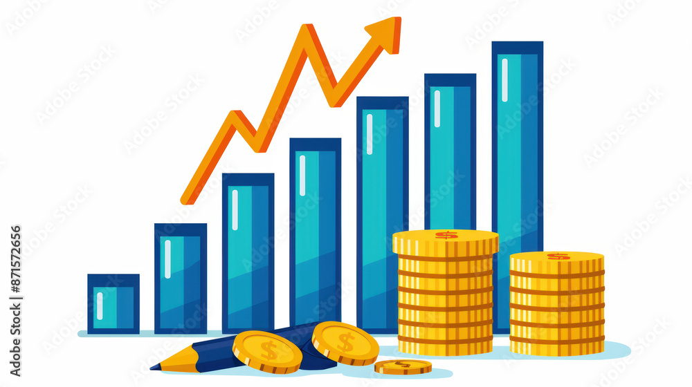 Poster a graph with a line going up and a pile of coins and a pen