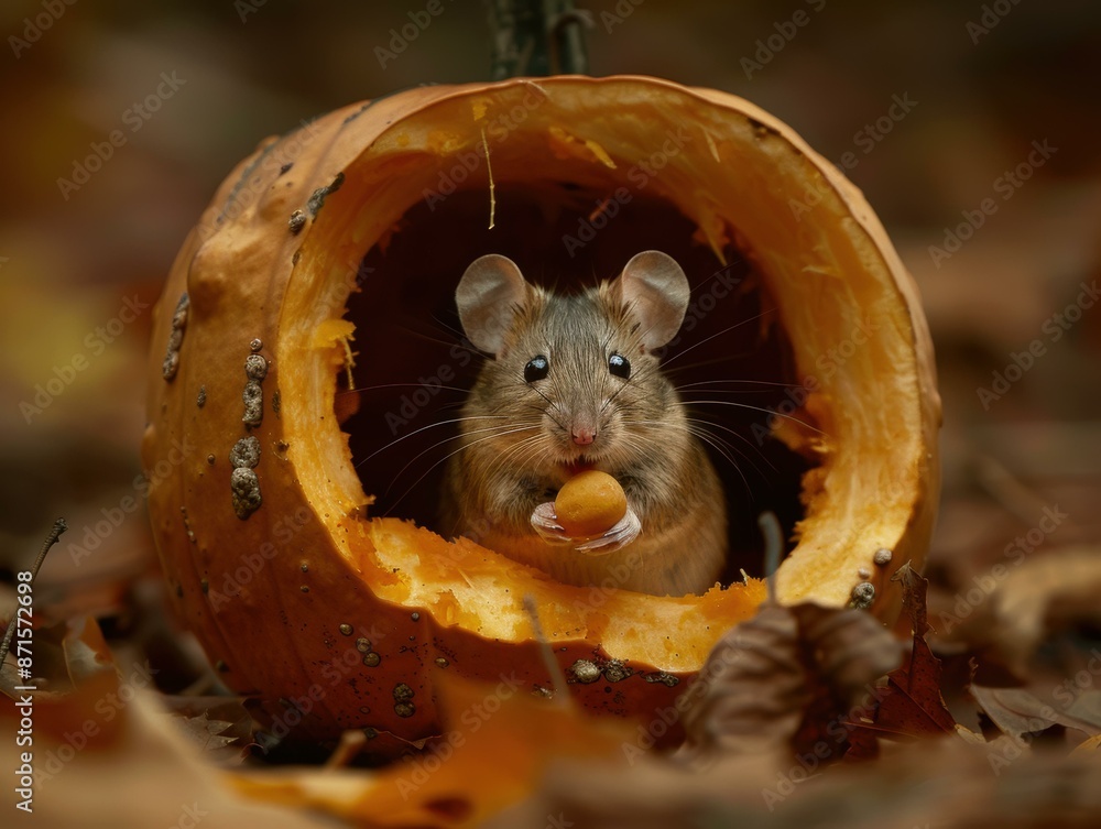 Canvas Prints A cute mouse is sitting inside a pumpkin and eating a nut. AI.