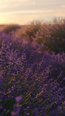 Obraz premium Close-up of lavender flowers in a field at sunset. AI.