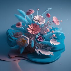Colorful paper flowers on blue background 3d render illustration
