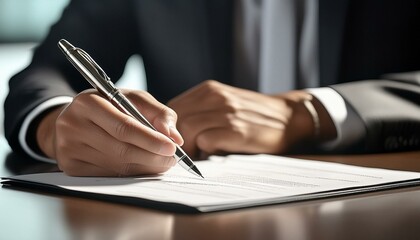 Businessmen Signing an Agreement on a Business Deal - Business People Agreeing on a Contract for a Job Offer - Buyer Signs Letter for Real Estate, Mortage, House, Property or Insurance