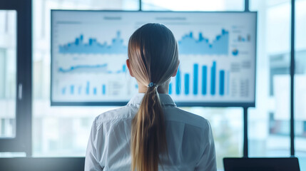 Fototapeta premium Businesswoman analyzing financial data on a large screen in a modern office. Rear view in focus, graphs blurred in the background.