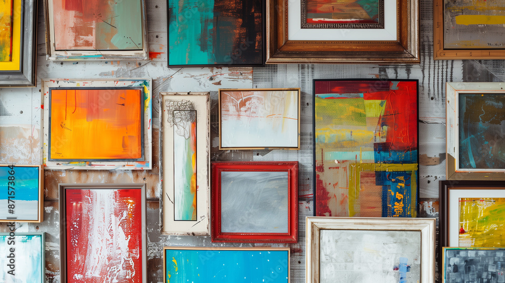 Poster a gallery wall adorned with eclectic frames showcasing abstract artwork.