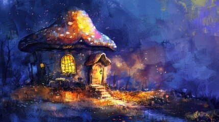 Enchanting Glow of an Ancient Mushroom House in Watercolor Style at Dusk