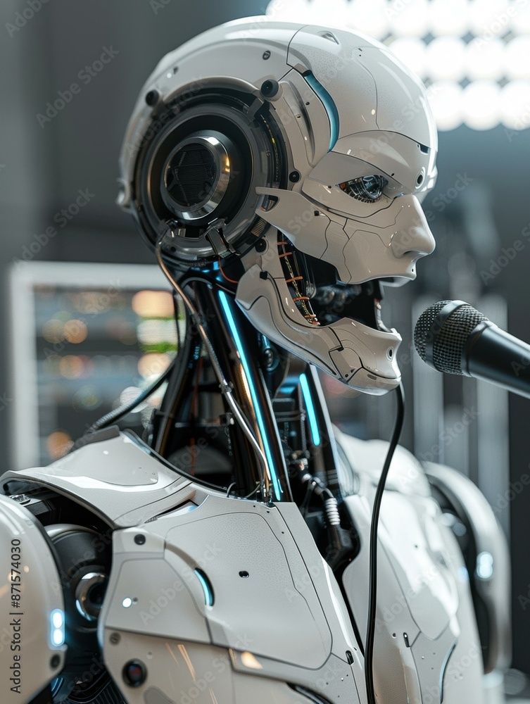 Poster an image of a robot singing into a microphone. ai.