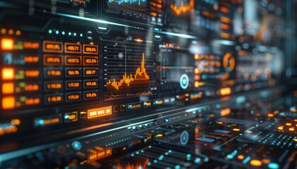 Holographic stock analysis, advanced AI, transparent screens, dark background, digital finance