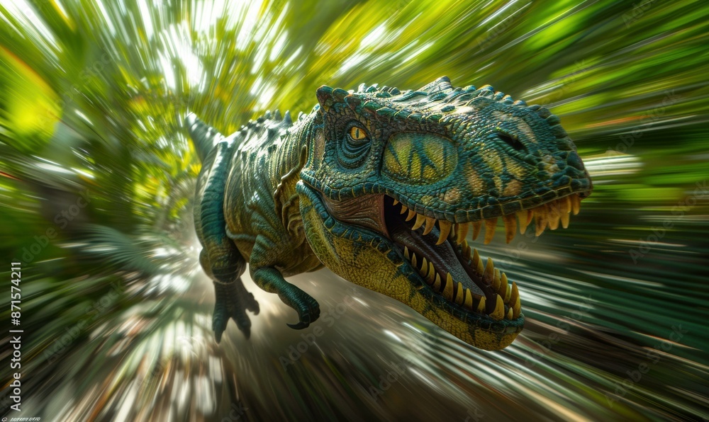 Poster a green dinosaur with sharp teeth is running through a jungle. ai.